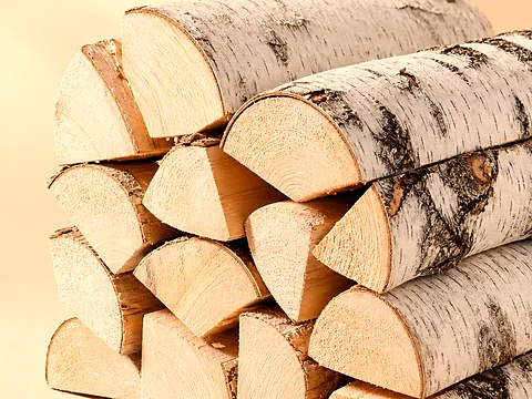 Дрова в сетках по 30 литров — крупный план торцов поленьев